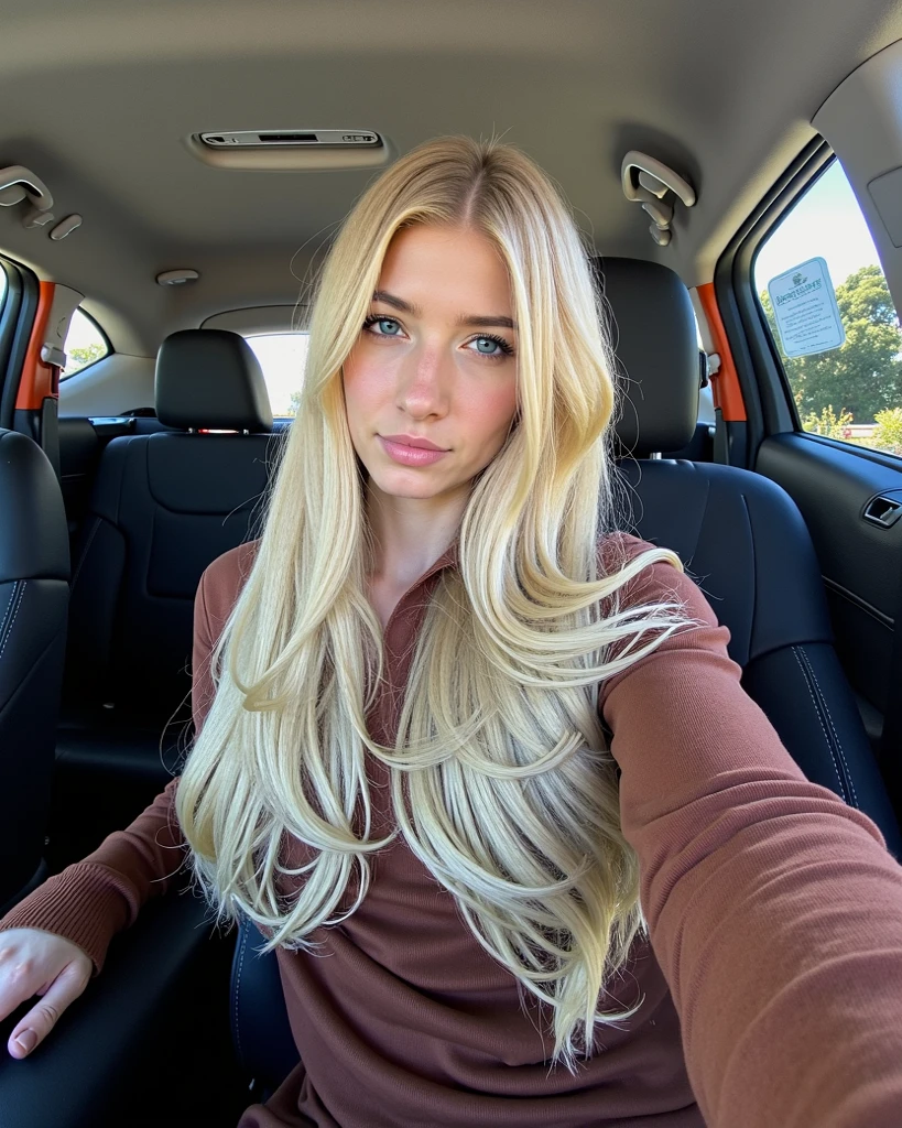 A 23-year-old blonde woman, ((pechos grandes)), ((hiperrealismo)) ,. blonde hair with light brown roots. cabello rubio, Hair with brown roots, cabello extra largo, cabello muy largo, really long hair, ponytail hair, Beautiful, Front view, in a luxury car, high quality, selfie iPhone, cleavage