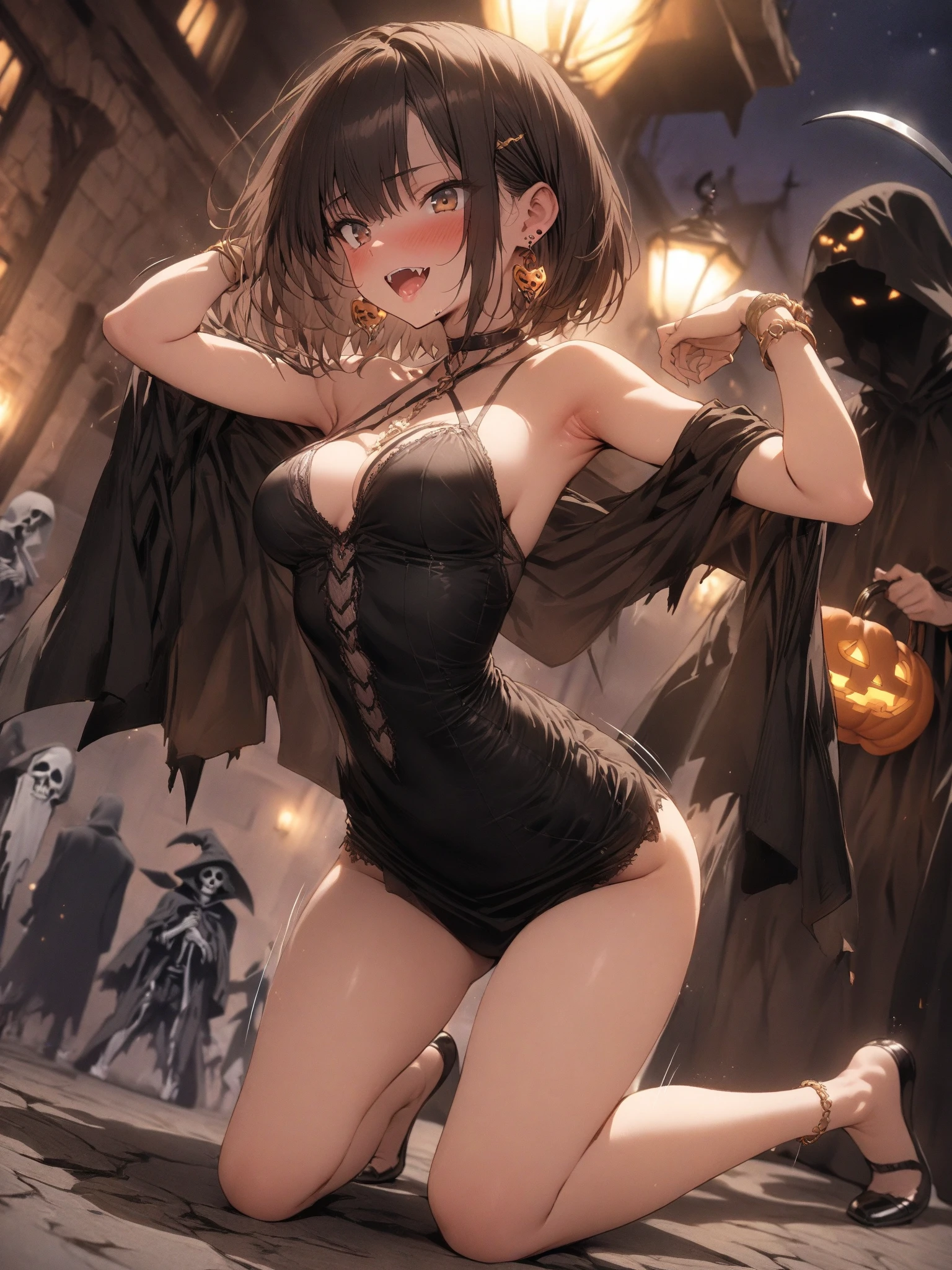 top-quality、Top image quality、masterpiece、teens girl((18year old,Tattered tank top in black and blue,Tattered orange and black shorts、orange scarf,Best Bust、Bust 85、silber hair、Longhaire,Red Eyes、open chest wide、Valley、Happiness、A slender、Blood coating、Leaning forward、Emphasis on the chest、Wolf tattoo、wolf ear、Wolf tail、excited expressions、Black perforated gloves、nails are growing、Jumping on the Attack))hiquality、Beautiful Art、Background with((natta、window、dark sky、Halloween at night、the bats、pumpkins,Nightmare、Inside the Halloween venue、forest pathway))、masutepiece、Elaborate design、visualart、Theatrical films