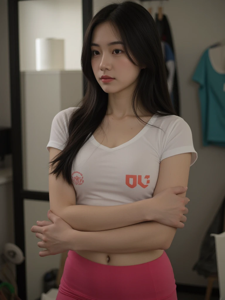 1 girl named Sarah with long hair, dyed loose hair, Long hairstyle, perfect detailed face, Young pretty white girl, Hot-top model, (Detailed symmetrical light green eyes with round irises..........), Beautiful, Walking and posing, Look at the observer, 19-year-old girl, looks like Madison Beer, extremely detailed face, Model, Realistic, Real life, perfect photorealistic picture, Realistic, hourglass figure, Stunning realistic photography, Detailed fingers, detailed realistic face, Soft fingers, real human nails, Extremely attractive girl, perfect detailed tan, small eyes, perfectly detailed face with realistic complexion and finely porous skin, small nose, Model, Perfect posture, Natural limbs, long legs, detailed symmetrical eyeballs, symmetric eyes, Realistic eyeballs, Realistic detailed eyes, cute plump closed lips, makeup, no long neck, no long waist, Perfect proportional body, seductive gaze, Looking in the direction of the viewer, Fascinating facial features, ah high, two arms, Two legs, one head, big breasts, realistic natural bodies, realistic shadows, Mystical epiphany, 8K, UHD, ((body facing the viewer, Pointing at the camera)),
"wide-angle", Full-body shot, full pose, (photo studio white background), seduce a little, Cinematic world, Cover photo in the center of Hipereallistic, Stunning full-color, Cinematic, neoprene, behance contest winner, portraite of a, presented at UnsplasH, stylized digital art, Smooth, extra high resolution, She is wearing a large white long T-shirt and black Acronym J36-S sweatpants........... (T-shirt only white), black and white sneakers, instagram model, 80mm , Streetwear , Realistic, round ass, big ass