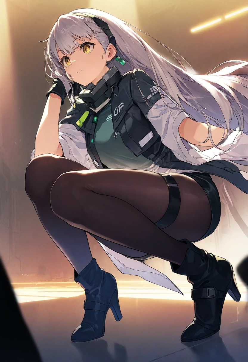 1 girl, hand gun, shooting, in the building, silver hair, grey eyes, black clothes, special operations, special force, hyper dynamic, cinematic action