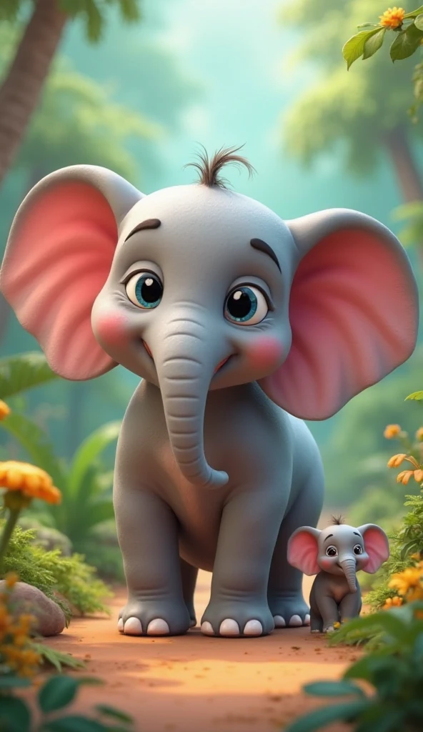 In 3d style In a dense, vibrant jungle, animals of all kinds lived together in harmony. The jungle was their home, full of life and energy, where each creature had its role to play. Among them were two best friends—Chiku, a tiny mouse with a big heart, and Mohan, a towering elephant known for his strength and wisdom.