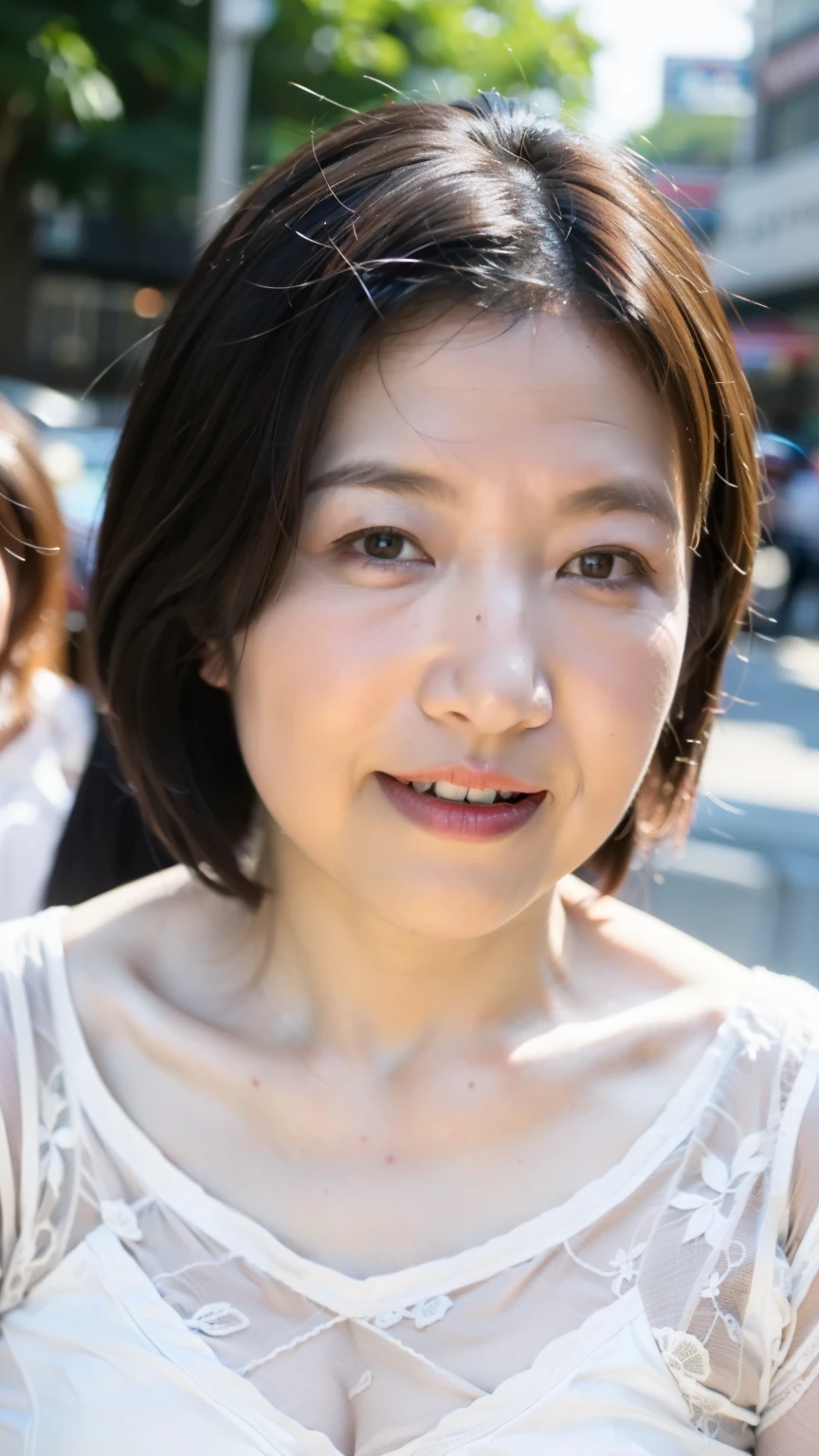 最high quality, In 8K, Masseter region, Real, Sharp focus, high quality, High resolution, Detailed face, Detailed eyes, Thick lips, Background Blur, alone, Middle-aged women, , 5, , Wavy Hair, Cleavage, Wearing a plain short-sleeved knit, Afternoon in front of the park garden, Wrinkles around the eyes, Smiling with teeth showing