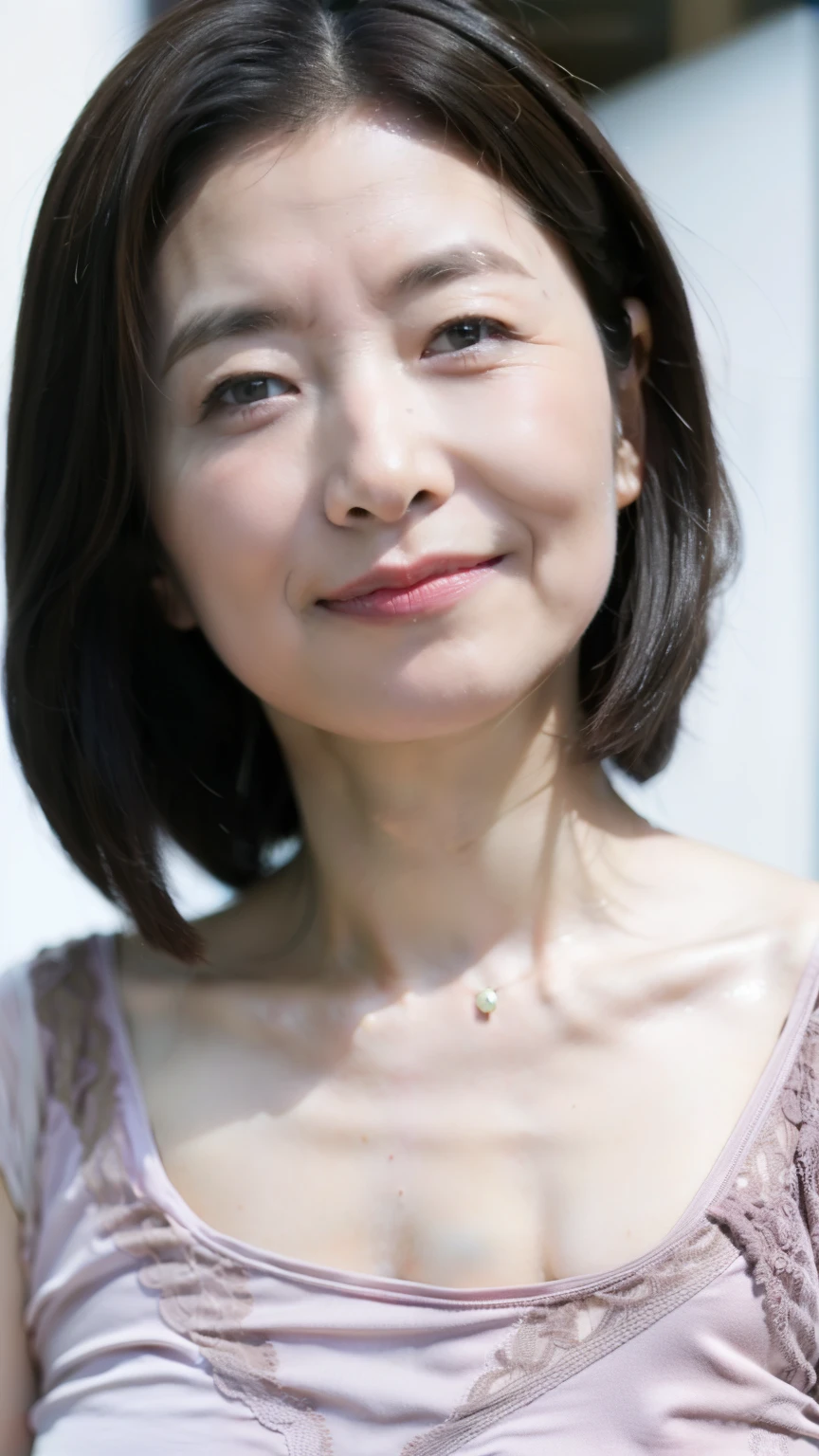 mature woman, ( Detailed Hair Description ), ( face ), (Detailed description of the body), High Resolution , masterpiece, Highest quality , high detail, sexy bras on a street corner in Tokyo: 1.4), ( realistic: 1.2, 超 realisticな: 1.1, realistic: 1.37), ( sharp concentration : 1.4), depth of field, PHYSICAL BASE RENDERING , short bob, The Unmatched Beauty concert venue , (Ultimate beauty), (lipstick:1.1), ( Eye line reaching its climax:1.2), ( mascara), ( eyeshadow), (60 years old,: 1.4), Japanese、 close-up、fine laugh lines:1.2、魅惑的な笑face、Closeup of a mature woman wearing a delicate sheer lace top. pure white background, her gaze gently looks down, and her expression is gentle and satisfying. The frame captures her upper body, intellectual impression ,