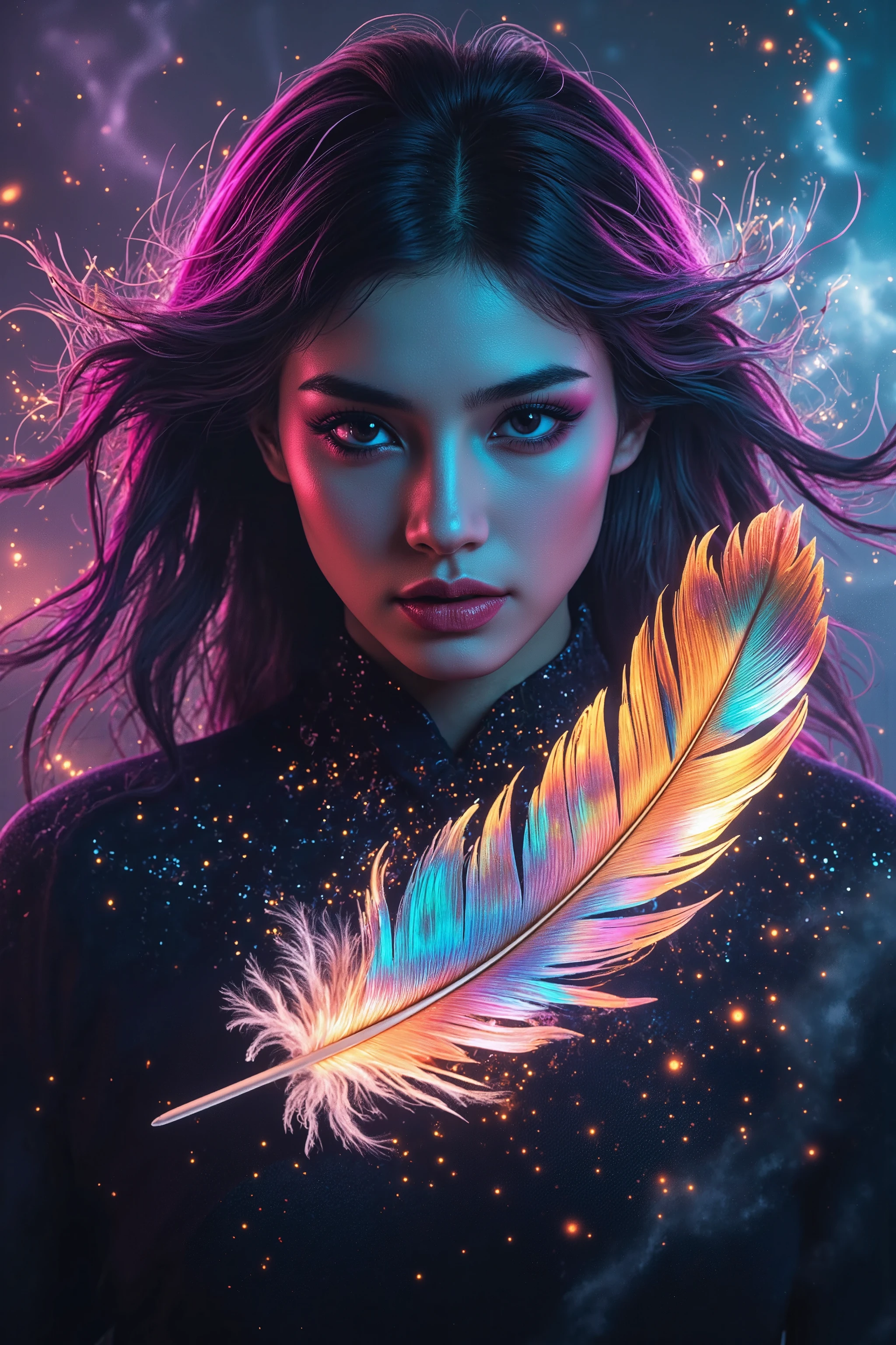 Create a digital artwork in a pop art style with a dramatic and emotional tone, featuring a strikingly beautiful woman with bold makeup and expressive eyes, dramatically gazing at a delicate, floating feather. The feather is an explosion of vivid, iridescent colors—radiating electric blues, fiery oranges, and deep magentas—glowing softly as it drifts in the air. Her hair flows with dynamic energy, infused with bold, swirling streaks of neon pinks, purples, and blues, creating a mesmerizing contrast against the dramatic lighting. The cinematic color scheme blends intense contrasts of shadow and vibrancy, emphasizing her piercing gaze and the hypnotic motion of the feather. The background is an abstract, dreamlike blend of colorful mist and swirling, electrified air currents, accented with shimmering particles that glow like embers caught in the breeze. Energetic brushstrokes evoke motion, enhancing the weightless effect of the feather as it gently falls. The scene is both intimate and grand, capturing a sense of wonder, intensity, and surreal beauty. Focus on the upper body of the subject, with icy highlights and bold pops of color illuminating her striking presence, merging realism with a stylized, electrifying pop art aesthetic.