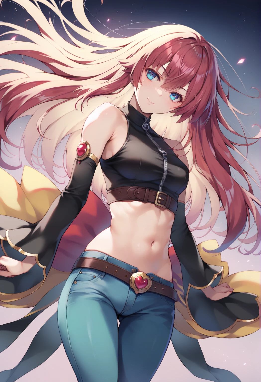 masterpiece, high quality, beautiful detailed eyes, upper body, city, outside, sunny, Red Hair, red jacket, blue shorts, blue eyes, confused, waist up, angry, pose,