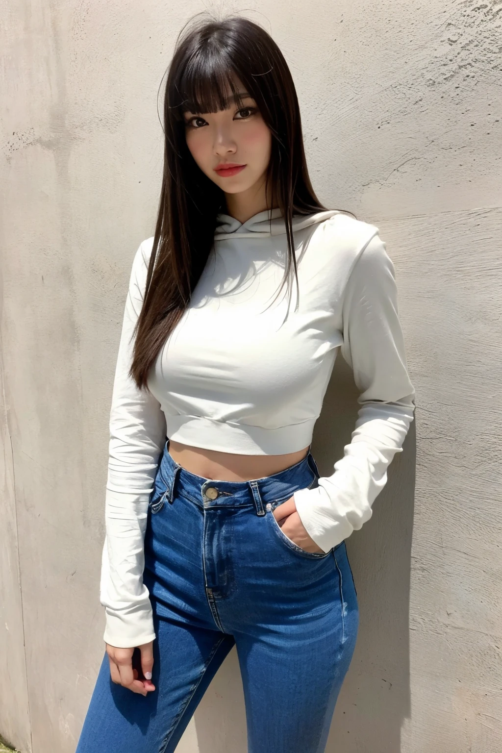 Highest quality, beautiful woman under hoodie , 28 years old , S, 35mm Lens , concrete background with rough eyeliner、Tile Background、mock neck top、 straight hair 、 straight hair 、 shiny hair, silky hair、Thick bangs、 heavy bang、 blunt bang、 full body photo、denim pants