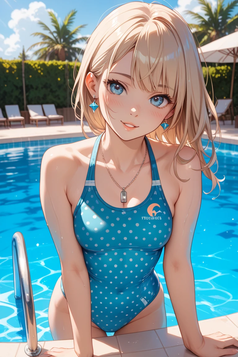 ((Highest quality、、masterpiece:1.3)), Upper Body、Long legs、Sharp focus:1.2, Beautiful woman with perfect figure:1.4、((Big Breasts:1.2)), (Smiling:1.2), Face and skin texture crafted to the smallest detail、Fine-grained、double eyelid、30-year-old female、sexly、((((Swimwear、Poolside、Blue Eyes))))