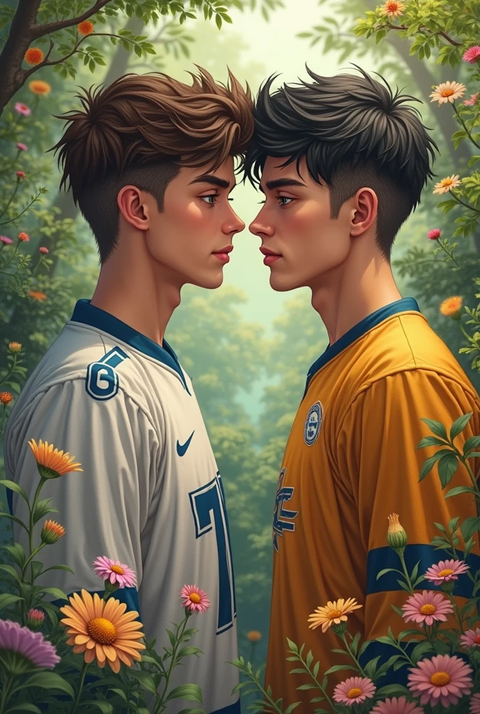 two friends cuddled with football shirt, well detailed, urban landscape, realistic, dark, deep, beautiful boys,