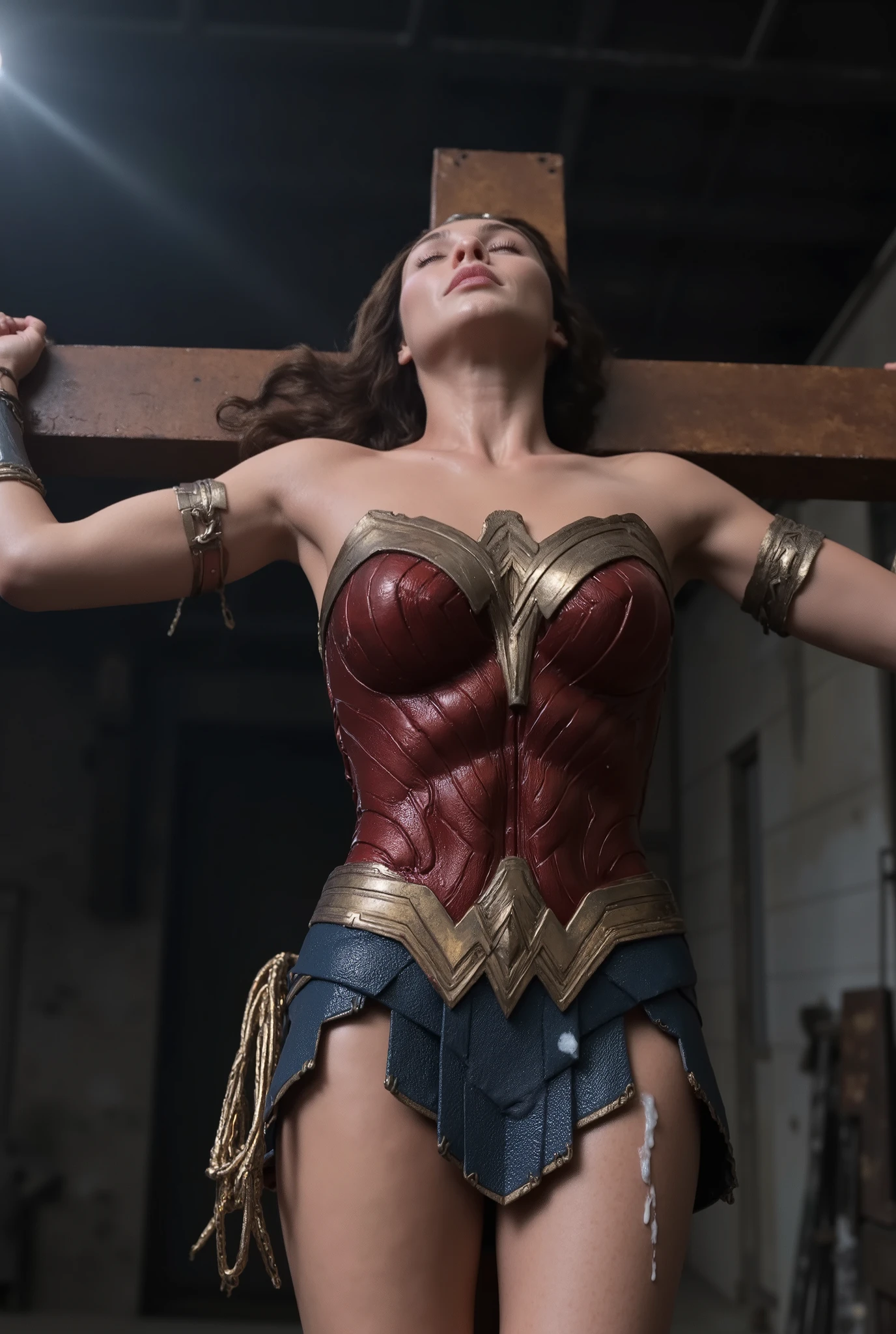 Gal Gadot is Wonder woman, a Wonder woman is crucifixion on the cross, very bright white skin, brown hair, unconscious, eyes close, never smile, bound arms to the cross by chain, a lot of chains bound tighten on her arms, painful face, Excruciating pain face, white cum on her skirt, photorealistic, hyper realistic, whole body visible, in the night, in the underground prison,