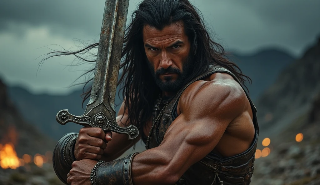 A barbarian warrior man with long black hair from the Middle Ages holding a sword in battle in a forest