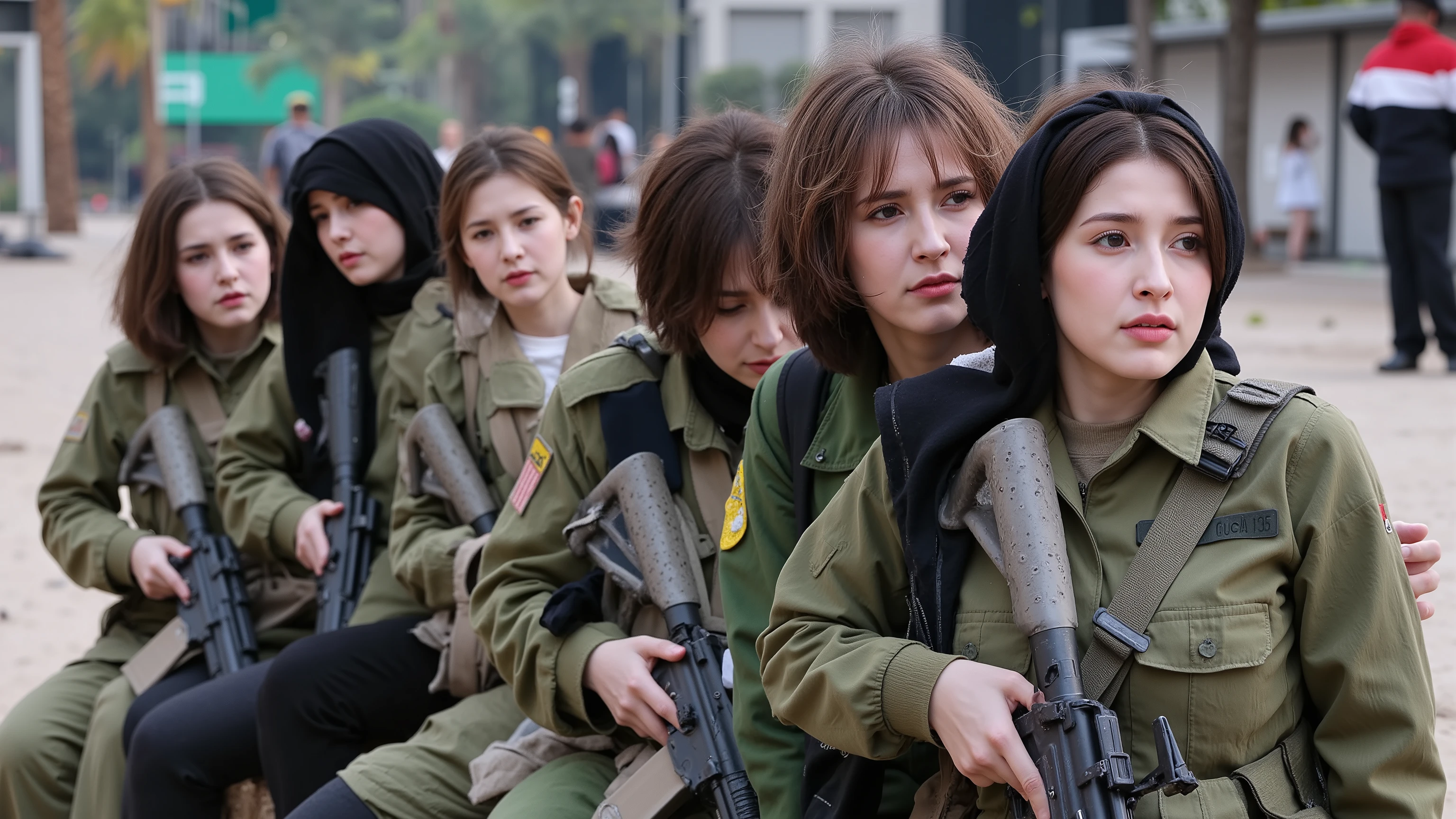 Portrait : , camera angle from the side,7 egyptian women, 20 years old, White skin,Big breasts , Wear an American military uniform, Wear a black cloth over your head ,Revealing a beautiful face,Everybody's carrying an M4 gun., sitting in a row,In the middle of the street , outdoor,facing the camera. , Make a sad face, sad, Sad,surround , There are a lot of people.,., in chaos, , dirty, have rubbish strewn on the floor , Daytime atmosphere , a light shining on a woman's face,,. Close-up