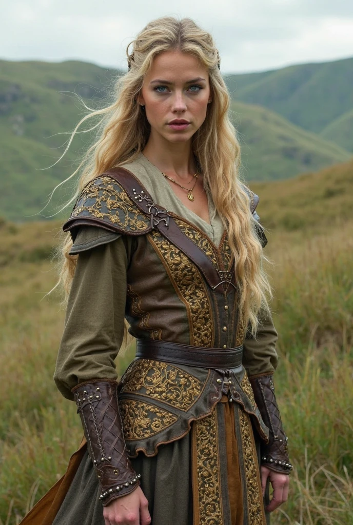 A beautiful Viking woman, female viking, courageous face, strong body, big round breast, perfect thighs, wearing Viking armors, detailed highly engraved and embossed armors, chest plates, shoulder guards, viking helmets, gloves, standing and starring, ancient viking theme, misty environment, good lighting, hyper realistic photo, fantasy photo, medium full shot