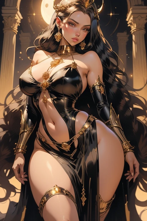 best quality, nsfw, extremely beautiful, beautiful face, long wavy dark hair, Woman Dark, Brown skin, (Shiny skin : 1.5), big breasts, long sexy black and gold wet dress neckline navel, black and gold wet breast curtains, arousal pose, (extremely long necklace that goes down to the navel)