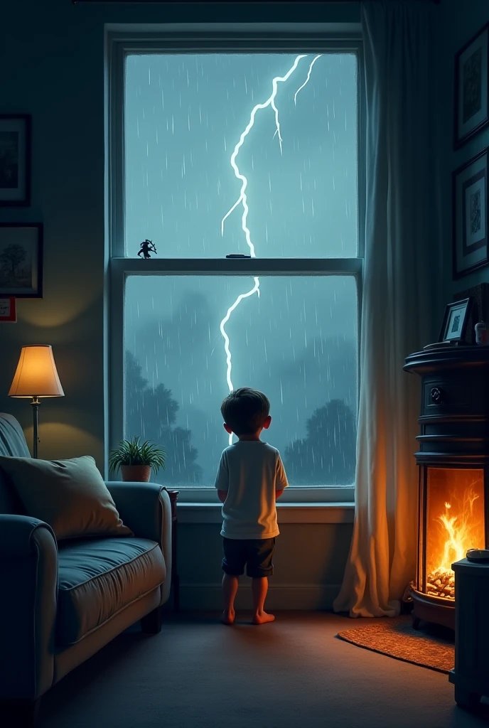 A child gazes through the window in awe at a fierce thunderstorm, accompanied by the rumbling of thunder and the dazzling flashes of lightning.
