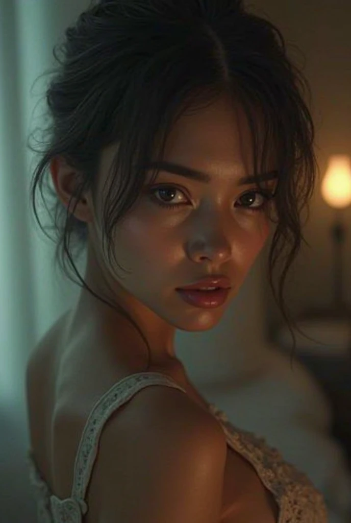 Mujer naked , realist ,Masterpiece, naked , model, prettyhigh resolution, Masterpiece, perfect Turning on, Bloom, evening, (cinematographic:0.9) Turning on, perfect skin, female, Luz outfit, (looking at the viewer:1.2),yangmi eyeliner, realist skin,beautiful face,realist eyes, perfect and detailed face,
realist, (photorealist:1.2),
session, ((View from above)),
mesh camisole, interior, darkness, small tongue with little light, short tongue, tongue out, licking lips, mouth wide open , naked.