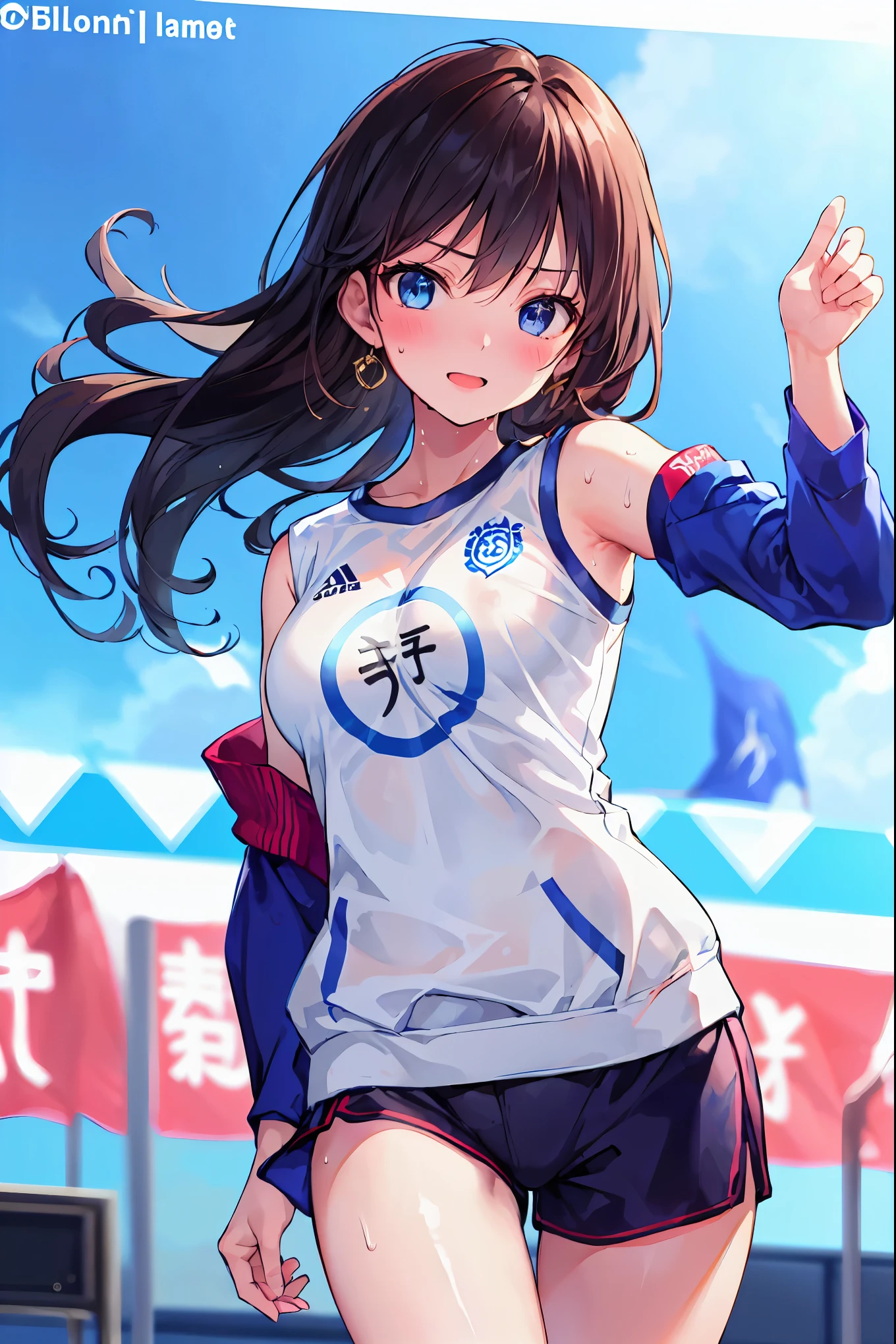 young and beautiful woman in my eyes,(Highest quality,extremely detailed depiction, amazing high resolution ,anatomically accurate depiction, curvy legs ),(Glowing Skin,Glowing Skin),( bloomers,,Gold Medal,wet body,fist pose), eyelashes,Happy laughter,sweat,full body,background: Sports, Olympic Mark ,Olympic Flag,Podium,Cauldron Stand , black hair, long black hair, Japanese, white gym clothes , Navy Blue Sleeve, 紺色 bloomers ,