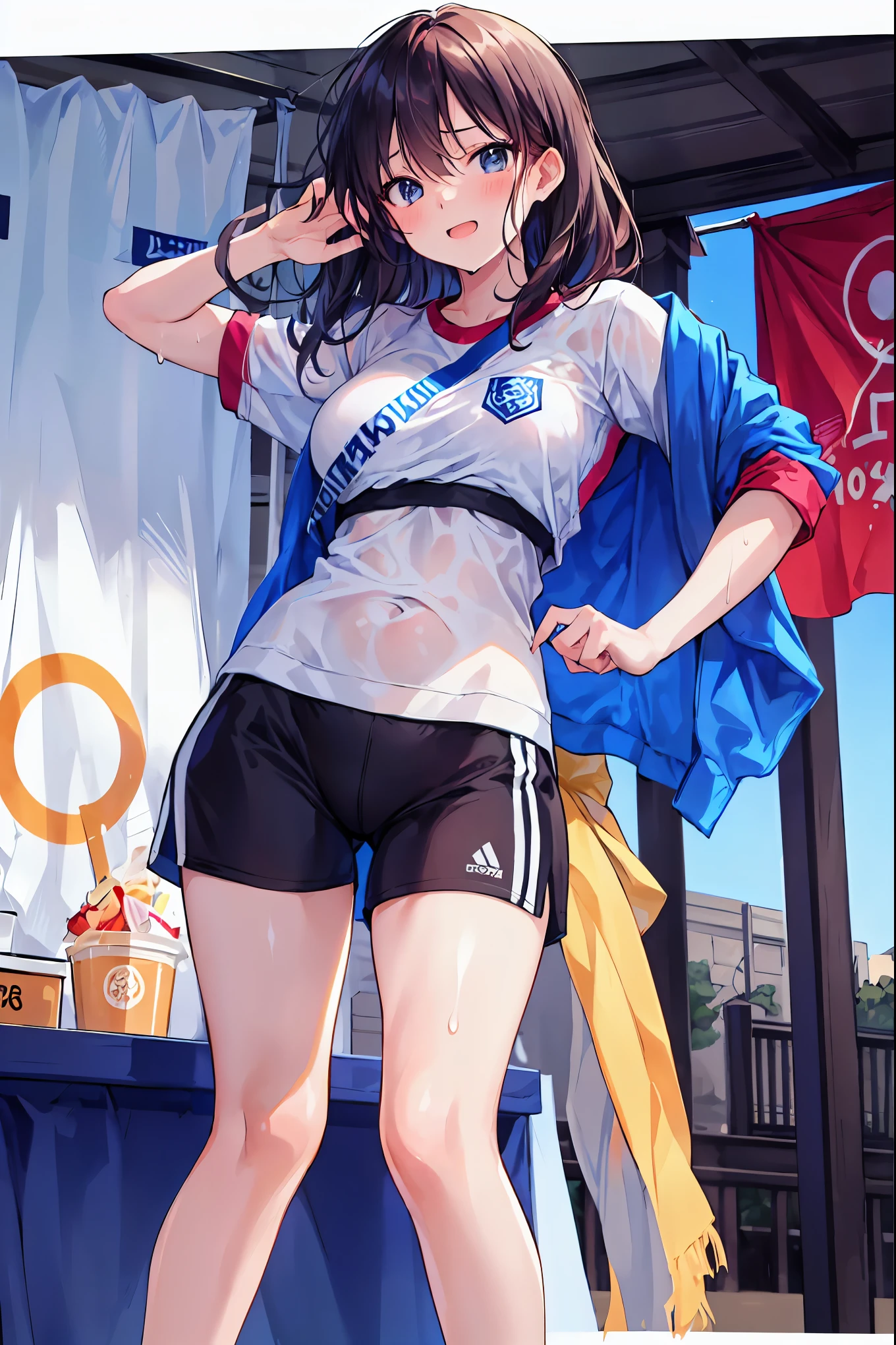  young and beautiful woman in my eyes,(Highest quality,extremely detailed depiction, amazing high resolution ,anatomically accurate depiction, curvy legs ),(Glowing Skin,Glowing Skin),( bloomers,,Gold Medal,wet body,fist pose), eyelashes,Happy laughter,sweat,full body,background: Sports, Olympic Mark ,Olympic Flag,Podium,Cauldron Stand ,  black hair, long black hair,  Japanese,  white gym clothes , Navy Blue Sleeve, 紺色 bloomers , 