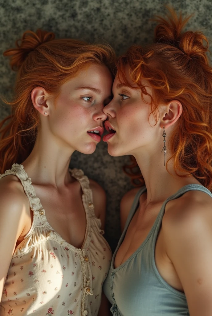 Blonde woman kissing redhead woman