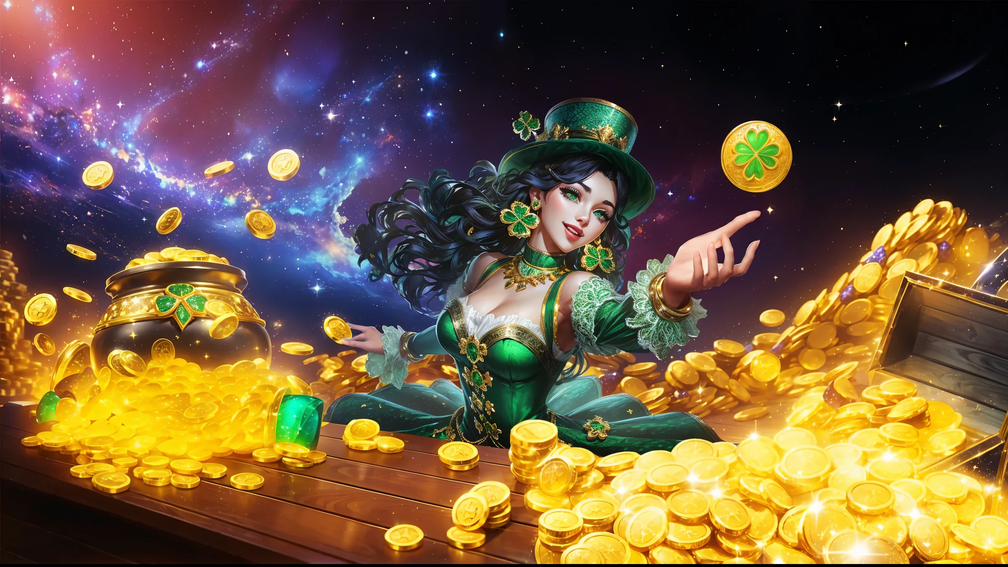 A beautiful european woman, black hair ,green dress,clover-shaped earrings
