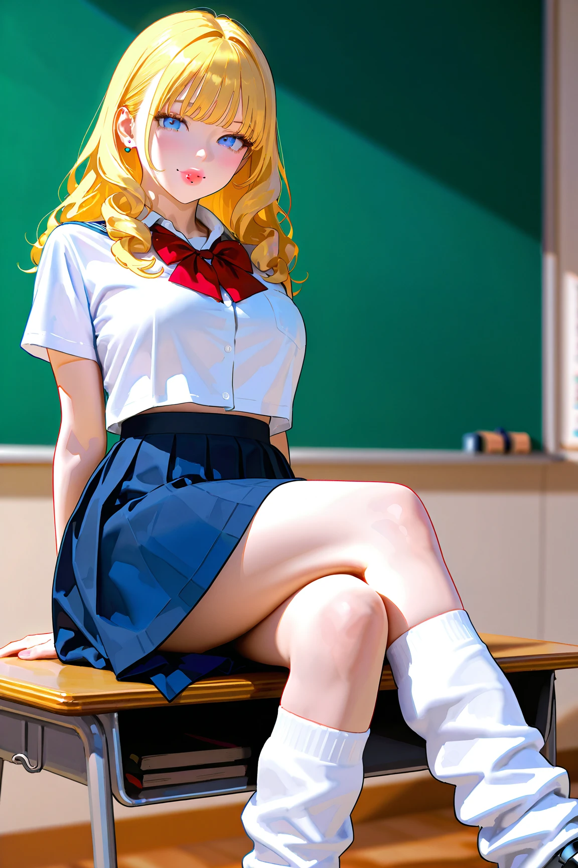 (名傌), ((best qualtiy)), (super detailing), 1 rapariga, Blonde Straight Hair, Spread your legs at school, Classroom, Study desk, blue panties,, Yellow eyes, 15year old, lean legs, 校服, a skirt, sockes,Neckpa, Sailor Color, pleatedskirt, White socks, a black skirt, short- sleeved, The shirt, white shirt, Black sailor color, Blue Neckpa, evilsmile, By bangs, Huge breasts, ,perfect hand,Hand detail,fixed fingers,looking_al_Viewer,top-quality,rich details,perfect image quality,photorealestic