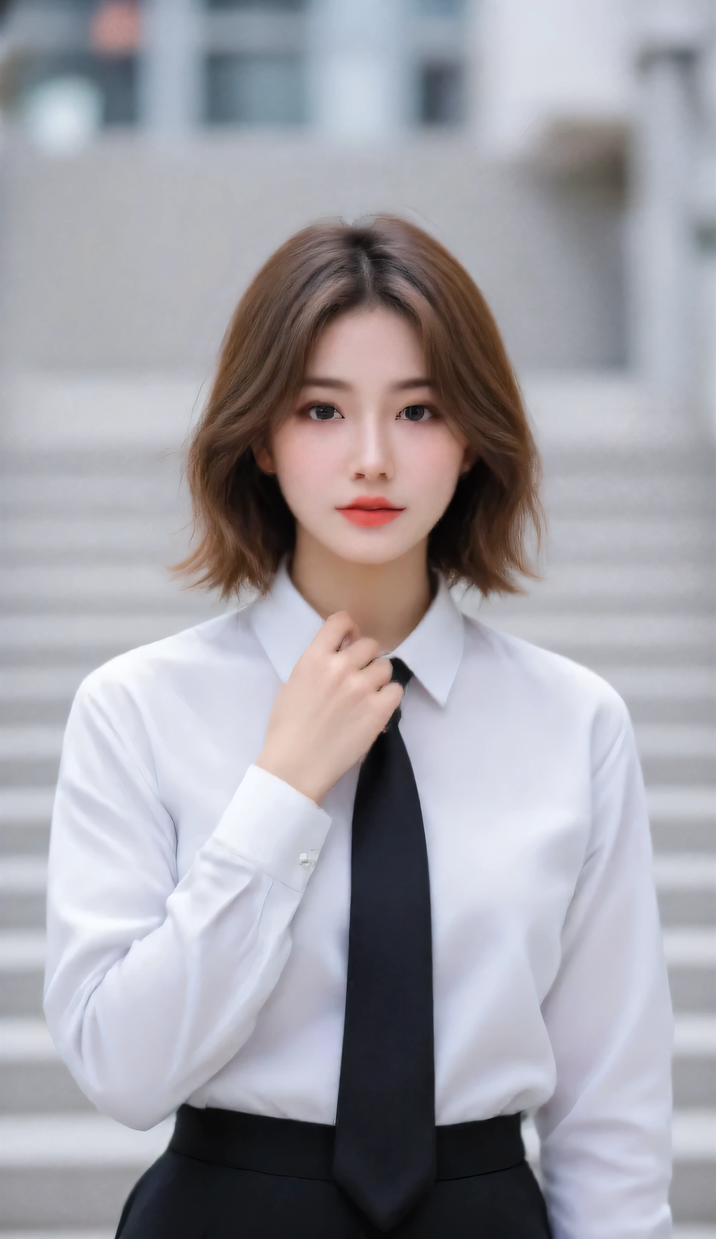 betterpose, realism, a girl, CTAI- Hand and foot details v1.0, Beautiful girl with short bright red hair, modern style , hair fall on face. Covered style, without revealing clothes. office style, white shirt, black tie. men's style . The face is covered with hair, on the stairs , bottom view, perspective , realistic photo, model pose. clear details