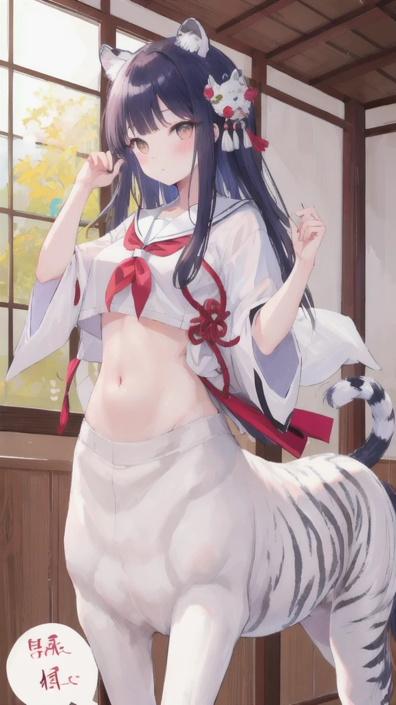(best quality, masterpiece), 1 girl, centaur, It takes, White skin, Japanese , Smiling, exposing the abdomen,belly button t-shirt, 아름다운 소녀 perfect wolf photo, perfect wolf photo