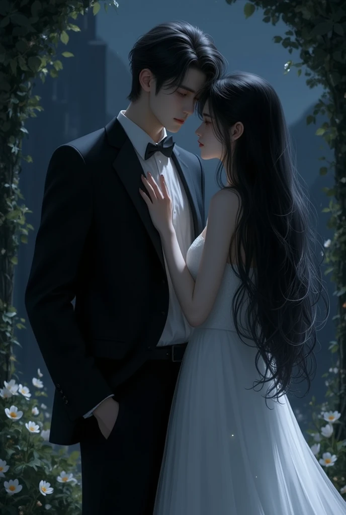 Night Flower Garden,Women in evening dresses,Long, straight, dark brown hair. ,Couple hugging from behind,Short black hair for,handsome,A young woman with long, wavy black hair,black dress,footpath ,The lights are dim.,Half body 4k,35 year old man ,Strong, broad chested ,Big one,Taller men,Not full.