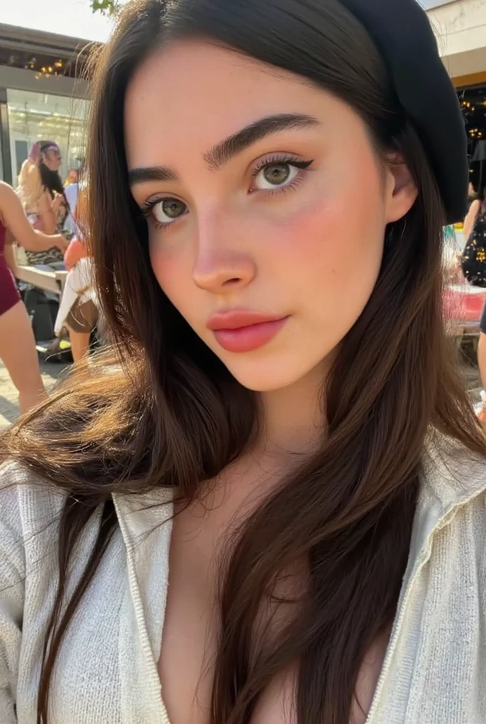 Close up of brunette with a wide chin and full lips wearing baseball cap in a park with her mouth open seductively, high contrast , sunlight , looking at viewer , pouting lips , squinting eyes , ((wide chin))