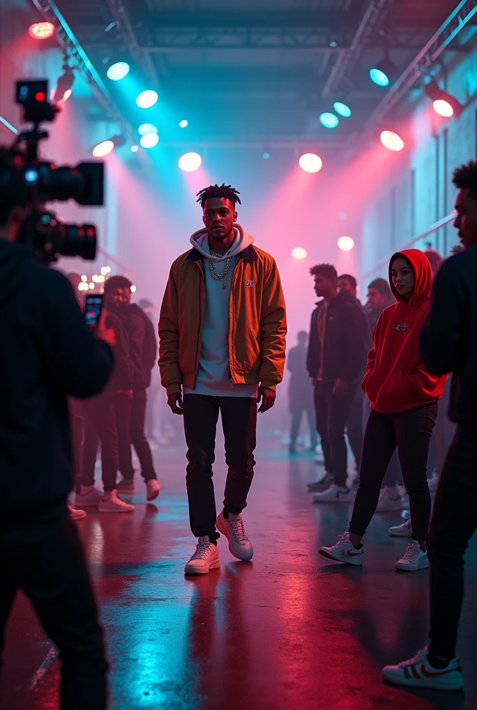 A 2024 modern black origin artist who bursts into a performance hall where his rapper competitors artists are surprised to see him in this performance hall.