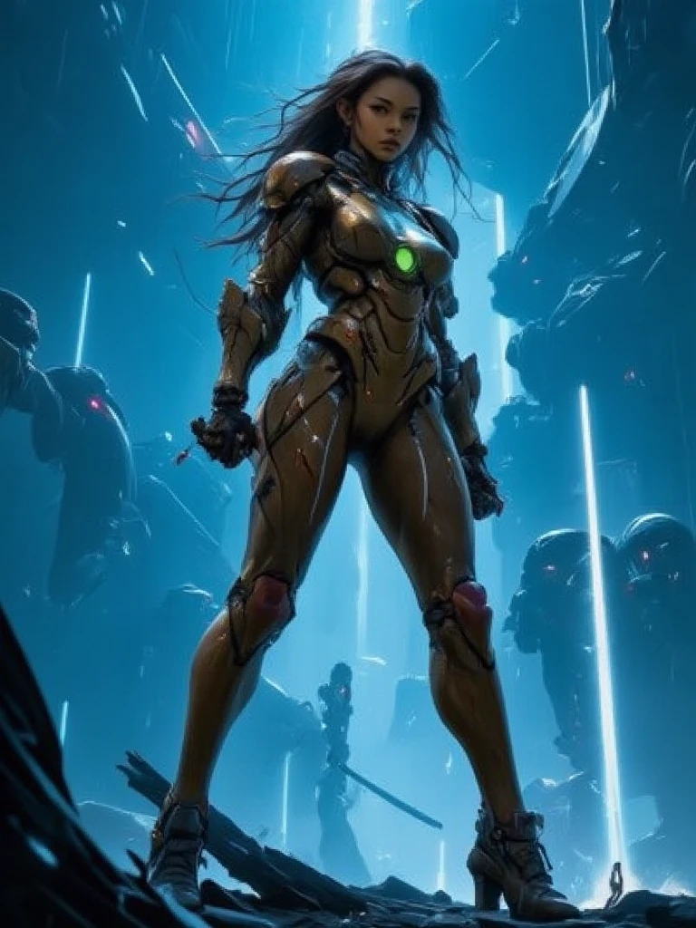 (art by Richard Anderson:1.1), a female nano soldier, sharper details, realistic, high details, crysis, soft shadows, nanosuit, cinematic render, hdr, dust clouds, nano sword in hand, ruins on the background, vibrant colors