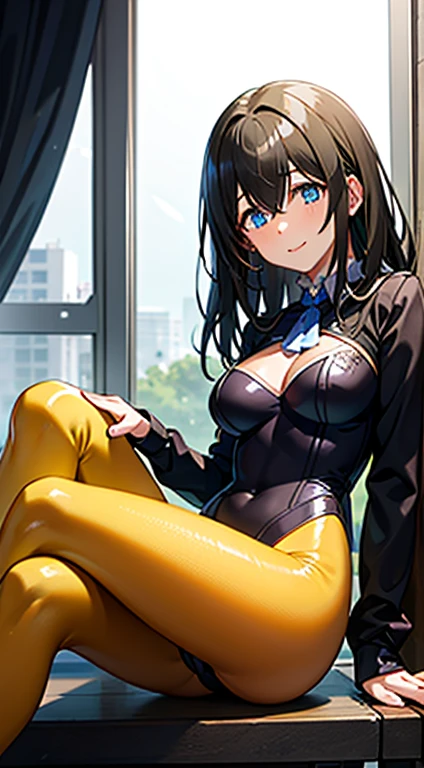Masterpiece,best quality,Solo,Sonoda umi, cowboy shot, detailed golden eyes,crossed arms, (wearing only leotard and pantyhose), navel cutout,demon horns, blushing, standing, in cafe, night
