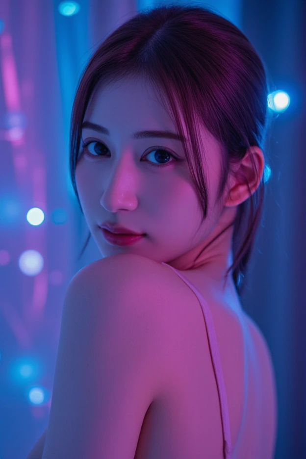 最high quality, masterpiece, 32k、Very detailed、Realistic、1 girl, Japanese women、Cute face, (photo Actual:1.3),Bob Hair(purple hair color、Purple hairstyle)、Edge lighting, (Skin with attention to detail:1.2), 8k超High resolution, Single-lens reflex camera, high quality, High resolution, 4K, 8k, Optimal ratio of four fingers to one thumb, (Actual:1.3), cute 1 girl, Realistic、Super Realistic、32k、Very detailed、masterpiece, 最high quality, beautiful girl, beauty、Small breasts, Mecha, Beautiful lighting, (Neon Light:1.2), (night:1.5), Cyberpunk Costume、Sitting,Cyber Neon、Future City、Skyscraper、City night、Shanghai、Big cities、night scene、Beautiful night scene