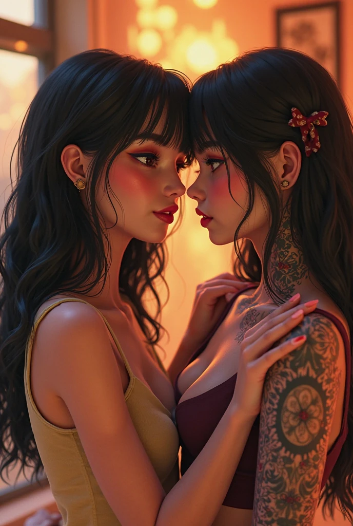 (best quality,4k,8k,highres,masterpiece:1.2),ultra-detailed,(realistic,photorealistic,photo-realistic:1.37),HDR,UHD,studio lighting,ultra-fine painting,sharp focus,physically-based rendering,extreme detail description,professional,vivid colors,bokeh,twin girls,naked,kissing,sensual,intimate,erotic,dark hair,full figure,beautiful,detailed eyes,detailed lips,detailed face,long eyelashes,voluptuous,curvy,feminine,passionate,intimate embrace,romantic,seductive,alluring,sultry,atmospheric,moody lighting,chiaroscuro,dramatic shadows