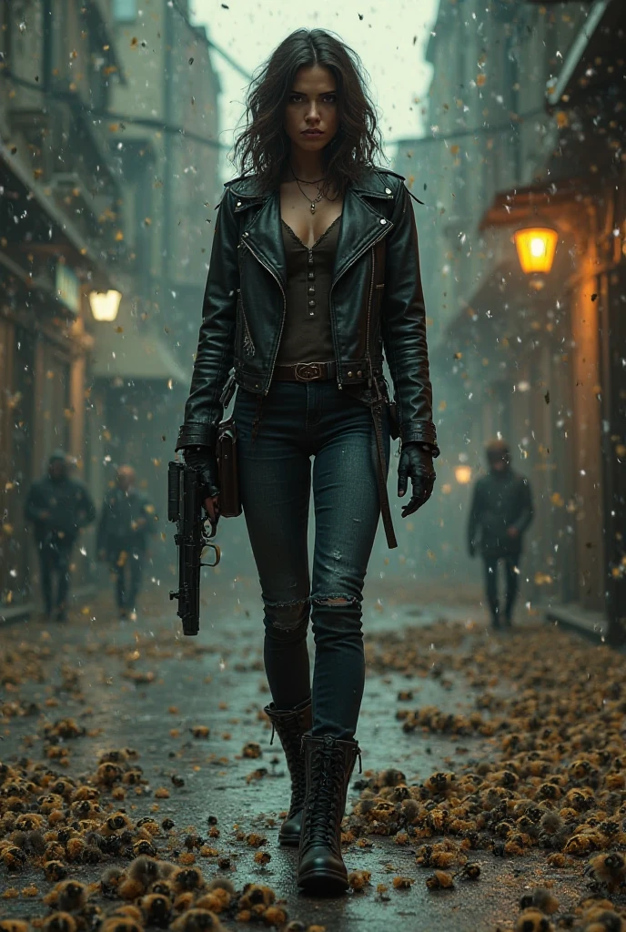 Create a realistic image of a young woman in her early 20s with short white hair, wearing a military cap, walking in a post-apocalyptic world. Here are the important details for the image:
Environment:
Desolate and barren landscape with rugged terrain and minimal vegetation.
Overcast, gray sky with clouds of dust and debris swirling in the air.
Ruins of buildings and abandoned vehicles scattered across the ground.
Main Character:
A young woman with a strong and determined presence, exuding confidence.
Short, white hair styled neatly under a military cap.
Wearing black leather clothing: a sleek tight leather pants.
A long, flowing black overcoat that billows slightly as she walks.
A white corset worn over the black leather, adding a striking contrast.
White high-heeled, knee-high boots, practical yet stylish, with a high heel for added presence.
Accessories:
A military-style cap with insignia, adding to her authoritative look.
Subtle survival gear integrated into her outfit, such as utility belts and pouches.
Visible weapons, such as a knife sheathed on her belt or a sleek firearm holstered at her side.
Telltale tattoos or scars visible on her neck or hands, hinting at her survival story.
Lighting and Tones:
Soft, diffused lighting, filtered through the dusty air, creating subtle shadows and highlights.
A color palette dominated by dark tones with stark contrasts: black leather, white corset, white boots, and the gray, muted background.
Dynamics:
The young woman is in motion, striding forward with determination and purpose.
Dust and debris being kicked up around her boots as she moves, adding a sense of action and movement to the scene.
Use these details to create a rich and engaging image that captures the essence of a post-apocalyptic world, emphasizing the strength, determination, and style of the main character.
