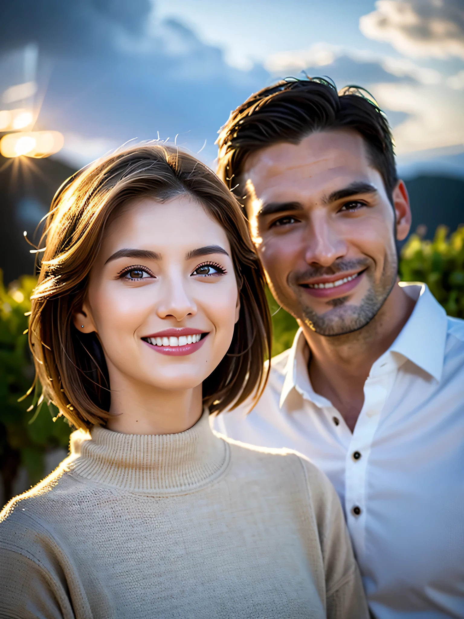 a shaved head husband and brunette taller wife, long brown hair,looks into camera and laughing