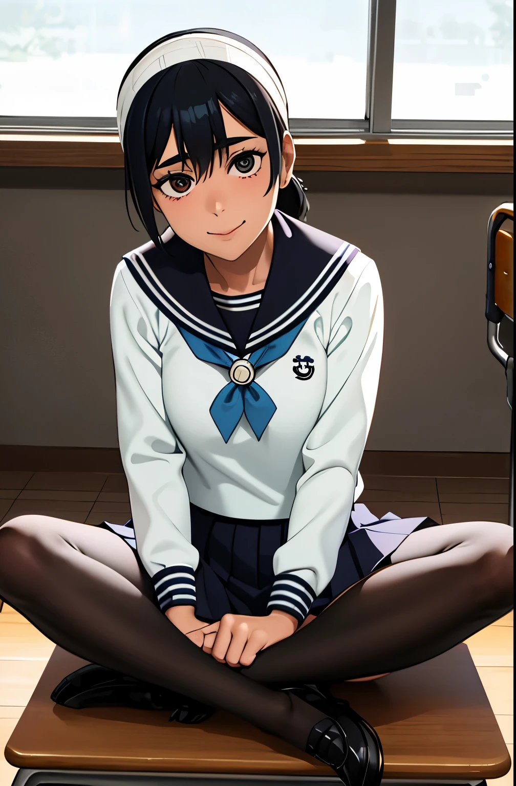(masterpiece, Highest quality, exhaustive, High Resolution), 1 girl, Alone, indoors, classroom, school desk, window, School Chair, curtains, blackboard , Indian Style, On the desk, Put Your Hand Between Your Legs, smile, closed her mouth,
suigintou, XXXXXX hair band, school uniform, sailor suit, pleated skirt with index finger, Neckerchief, blazer, black pantyhose, loafers, doll joint without arms