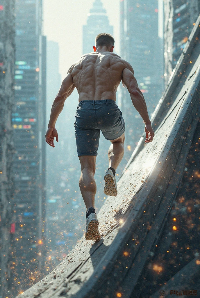 (masterpiece), ((handsome korean guy:1.2)), (Kim Soo-hyun), detailed face, short wavy hair, (wearing blue tong brief:1.5), (wearing blue high-top sneakers:1.3), (big bulge),  The photograph artfully captures dynamic angles, with Kim Soo-hyun bursting out of the destroyed building, crashing cars with his sneaker, transforming into a colossal figure that towers over the structure. The dramatic and cinematic atmosphere is heightened by the view perspective, creating a sense of awe and wonder., cinematic, illustration, photo