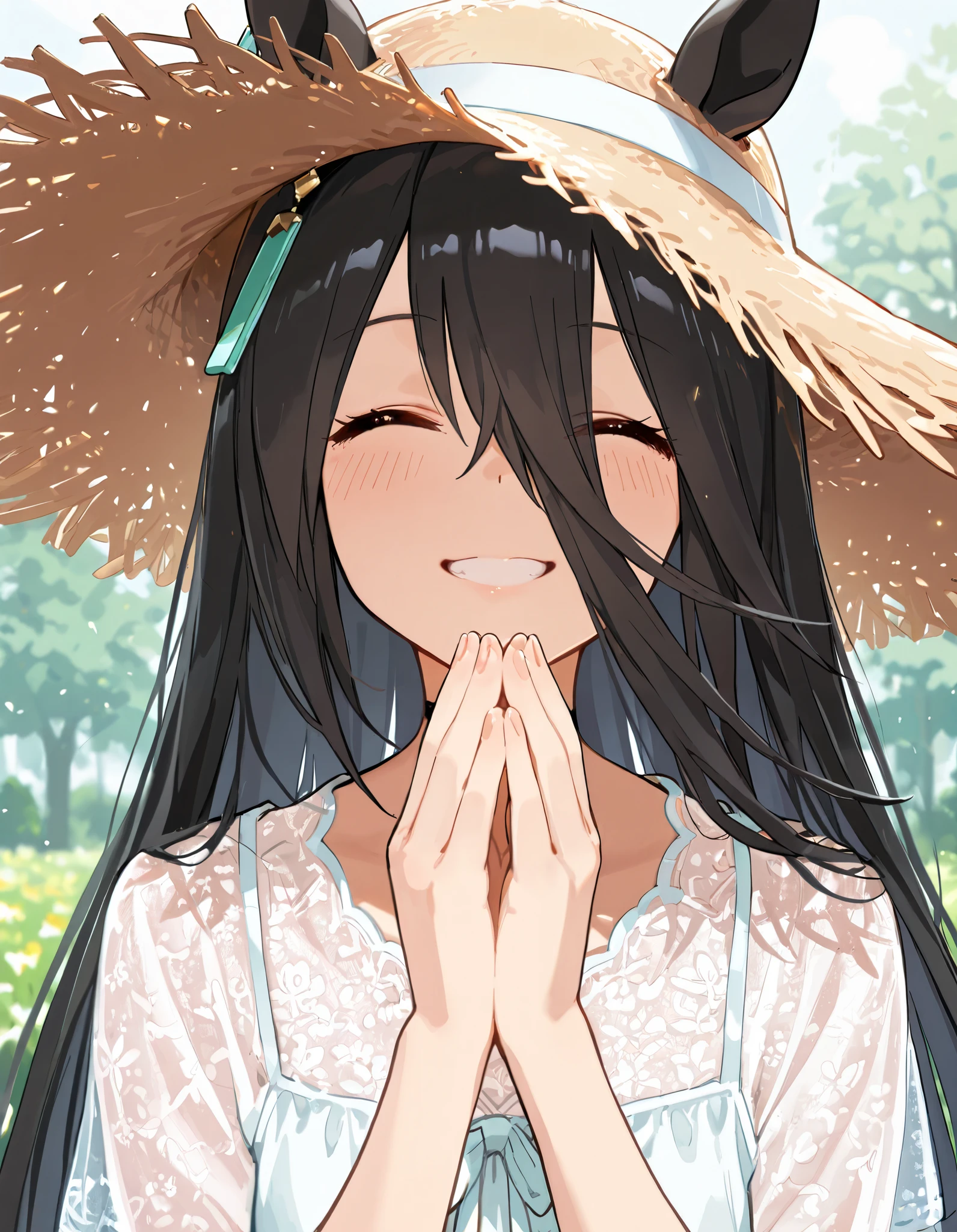 {{Masterpiece}}, {{Top quality}}, {{Details}}, {{Illustration}}, {{Very delicate and beautiful}}, Fine skin, fine eyes, Fine hands , Fine fingers, {{Uma Musume}}, {{Manhattan Cafe:1.7}}, {{Uma Musume}} ,from right in front, White dress with thin fabric, straw hat, smiling face, hiwamari field