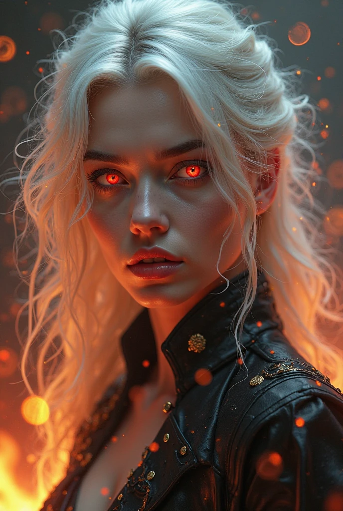  female fiction,  white hair color , the color of his eyes is red and he is a demon and has the power of fire