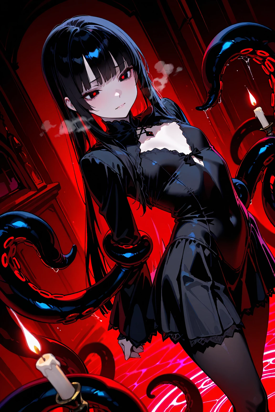 1  girl , girl is like lucifer , (((dark lighting))) ,((tied up with snakes)) ,full body, cinematic lighting , (Faintly emerge from the darkness) , cinematic angle , ((blood sea)) , (rape face) ,black long straight hair, hair ribbon , red eyes,black dress, ((tattered clothes)), (glowing eyes), (((horror))) ,(background Torture room),(masterpiece)), ((best quality)), ((ultra-detailed)), (illustration), ((an extremely delicate and beautiful)),evil smile,huge laugh at,latex,thighhigh boots,aura