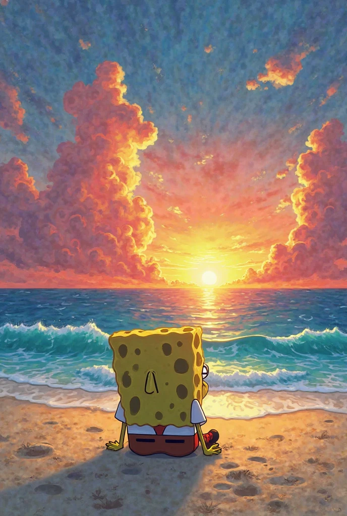 
 A sunset on the beach, Van Gogh style, vibrant colors, thick brush strokes, similar to Starry Night with Winnie the Pooh, animated cartoon, watching that sunset sitting on a log in the sand 