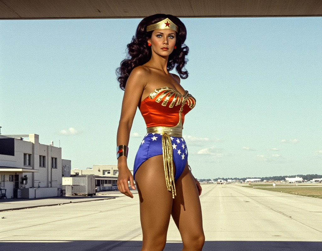 70s colors photo of laugeser as a slender wonder woman, thin eyebrows, smiling, long hair, dark complexion, slender,
70s italy, beach full of tourists, girl captured by golden lasso,
8k uhd, dslr, soft lighting, high quality, film grain, Fujifilm XT3,
<lora:Laura:1.2>
