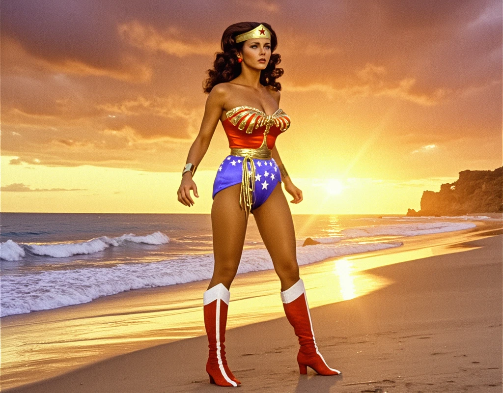 full body sexy beauty muscular 16 years old Wonder Girl, tall muscular, black long straight hair, blue eyes, red lips, large breast, Wonder Girl costume, Wonder Girl in combat position on the beach of a tropical island, lush vegetation, palm trees, bushes, ancient ruined city in the distance, fog, blurred shadows, photorealistic,