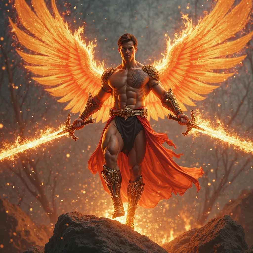 (best quality,4k,8k,highres,masterpiece:1.2),ultra-detailed,(realistic,photorealistic,photo-realistic:1.37),man with phoenix wings on his back,fire surrounding his fist,feathers,captivating expression,flaming wings spread wide,Fiery light,cinematic mood,dramatic angle,heroic stance,mythical creature,sculptural details,radiating power,celestial aura,vibrant color palette,scorching flames,epic fantasy,mythological hero,heroic mythology,combustible energy,luminous heat,dynamic movement,high-contrast lighting,archetypal figure,detailed feather texture,mythical symbolism,fiery trails,embodying strength and grace,vividly glowing embers,powerful presence,extraordinary supernatural ability,astral fire,enduring power and rebirth,fiery spirit,awe-inspiring spectacle