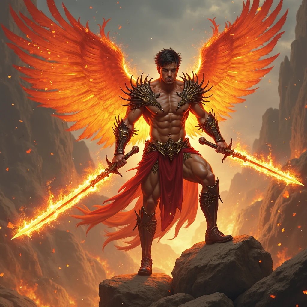 Image of a fire element humanoid creature, He has a human form but has a fierce appearance, His body is always burning, and he carries a big fire sword, He has 5 eyes,2 more eyes on his hands, and one big eye on his chest, He is not evil, He has 2 fire wings that are always burning He has a tail