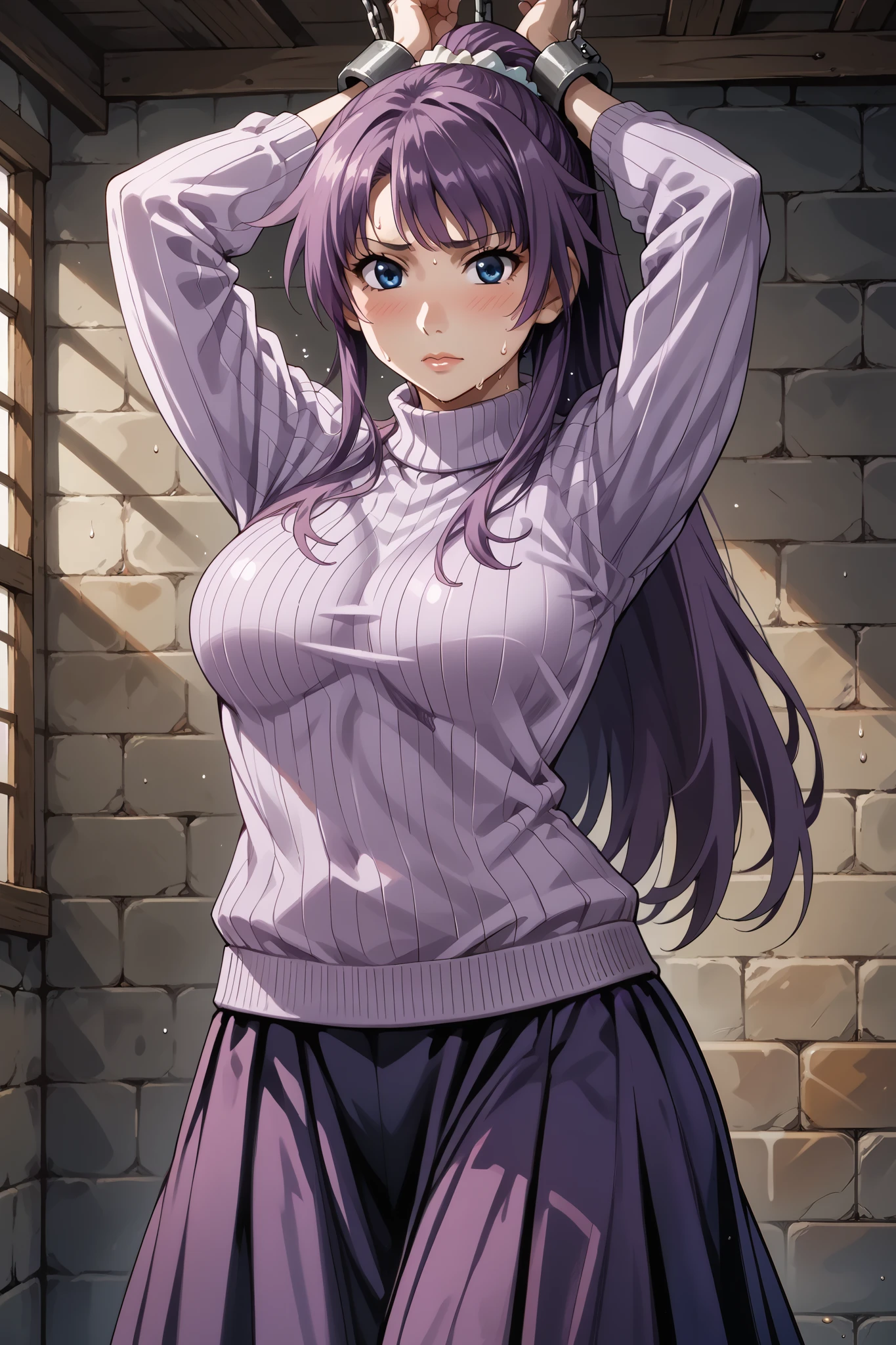 score_9, score_8_up, score_7_up, source_anime, 4K,perfect fingers,(perfect hands, perfect anatomy),prefect lighting, very aesthetic, intricate details,highly detailed background, masterpiece, high quality, best quality,
1girl, hitagisenjougahara, hitagi senjougahara, long hair, bangs, ponytail, sidelocks, scrunchie, blue eyes, purple hair,Large Breast,
wearing ((sweater, (light purple colored sweater:1.5), skirt, purple skirt, closed long skirt, )),
((BDSM:1.5)), shibari,((chain:1.1)), arms up,((shackles:1.2)),bondage,((torture:1.3)), the dungeon,((captivity:1.4)),slave,((sweating a lot:1.5)),((orgasm : 1.2)),((Lots of sweat:1.3)),((Exhausting:1.4)),