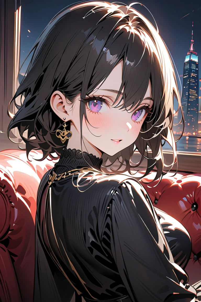 A sultry CEO gazes up at the viewer from beneath a raised eyebrow and half-lidded eyes that sparkle like fine gemstones. Her enchanting brown eyes seem to dare the observer to look away. A bright red mouth curves into a crescent moon shape as she smiles, her face radiating mischief and playful teasing. She sits in an office room with a gray table, white walls, and a lush plant beside her. The window behind her is a blurred backdrop, adding to the surreal atmosphere. Her short hair is sleek, and her suit is open, revealing a glimpse of her toned physique. A black choker and earrings adorn her neck, while tight stockings cover her legs. One hand rests inside her pants, as if she's inviting the viewer to join in on the provocative game. The background shifts to a bedroom, with soft focus and intricate details that draw the eye to the subject's perfect hands.
