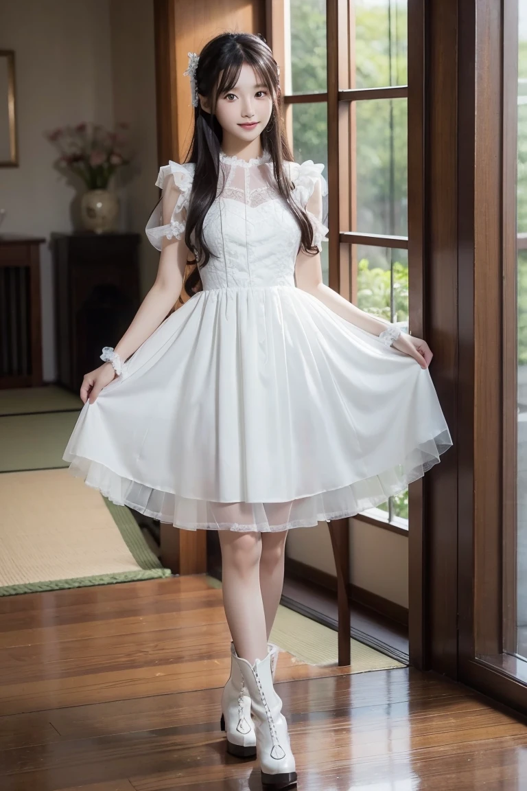 (((masterpiece,high quality))), {{ultra-detailed}},{{perfect image}},full body front shot,photorealistic cute girl,teary eyes,,big breasts, long hair | ribbon,chinese style maid dress,loafers,beach