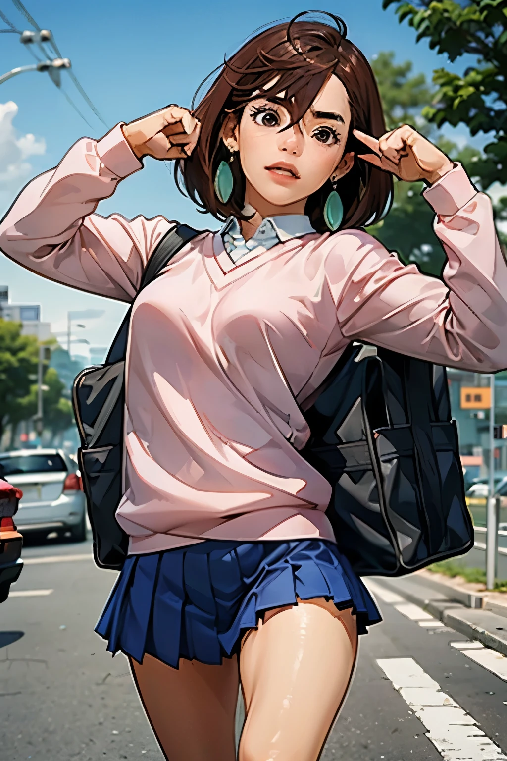 score_9, score_8_up, score_7_up, source_anime, BREAK 1 girl, viewers after shaving armpit hair, outdoor, scenery, green, blurry background, Dutch Angle, v Pose, Armpits Closed , schools, Ayase Momo, brown hair, short hair, hair between eyes, asymmetrical bang , brown eyes, earrings, black choker, schools uniform, white collared shirt, pink sweater, Long Sleeve, red ribbon, blue skirt, miniskirt, white socks, loose socks, brown footwear ,