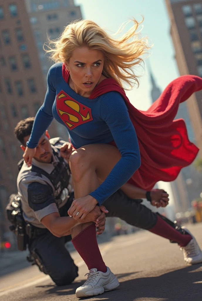 Blonde fat woman in Superman outfit fighting man dressed as bus driver